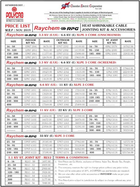 raychem joint kit price list.